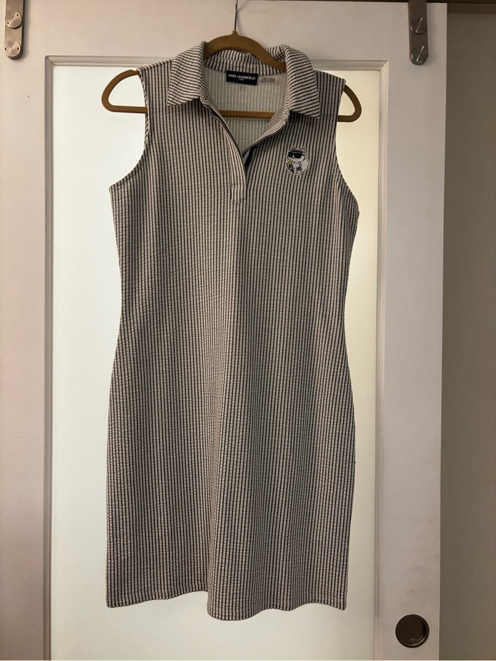 Karl Lagerfeld Sleeveless Collared Knit Dress in Cream and Black Narrow Stripe